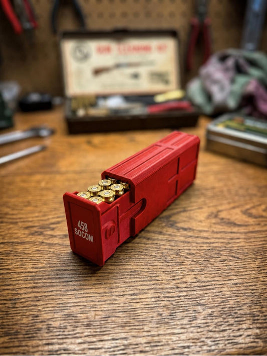 458 SOCOM Ammo Box – Empty 20 Round 3D Printed Ammunition Storage Case, Stackable Sliding Range Box, Secure Dual Latch Holder