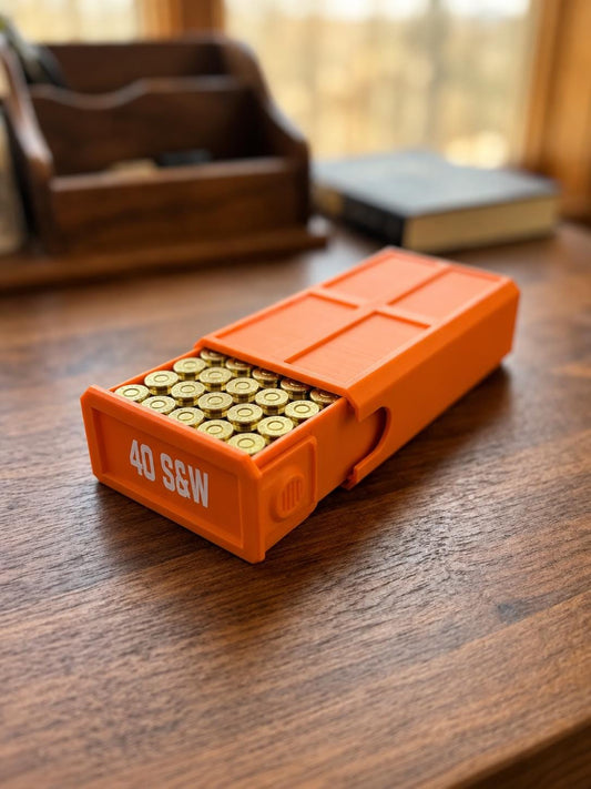 40 S&W Ammo Box – 50 Round Stackable Storage Case, Sliding Drawer Organizer