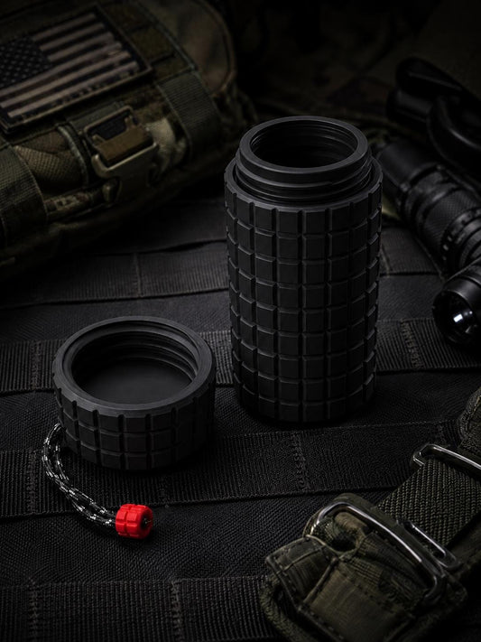 Rugged Frag Texture Storage Container, Tactical Screw Top Utility Capsule, EDC Gear Container with Lanyard Hole. Gift for outdoor hunter dad