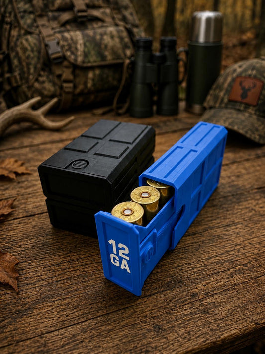 12 Gauge Hunting Ammo Box – 5 Round Shotgun Shell Holder, Stackable Storage Case. Custom Colors.