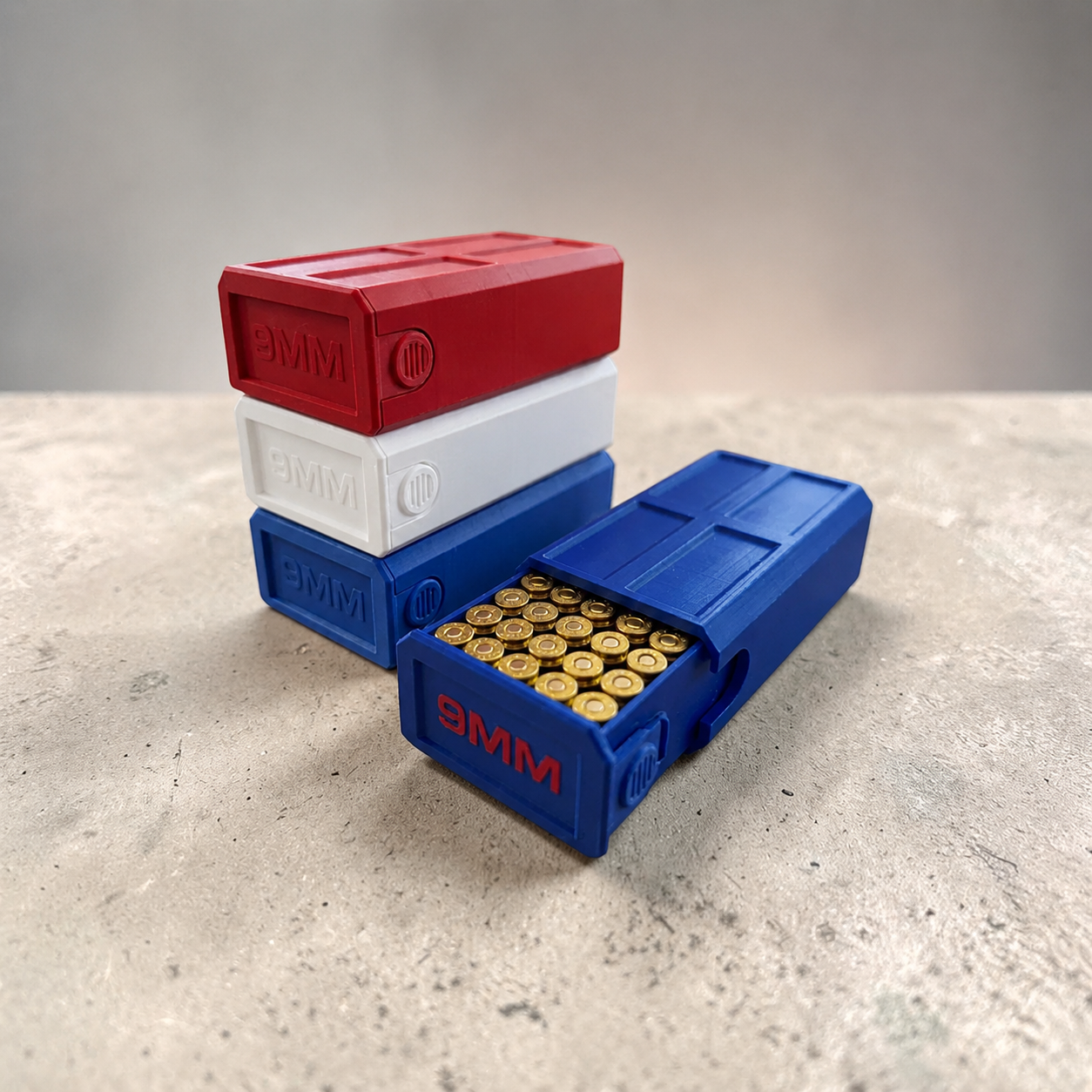 9MM Custom Printed Ammunition Stackable Storage boxes.