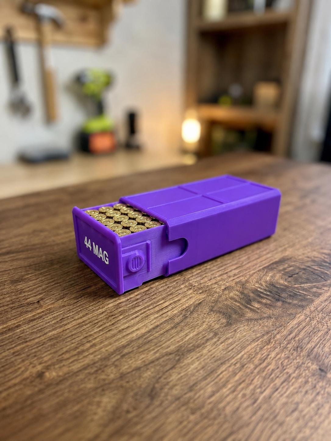 44 Magnum Ammo Storage Box – 50 Rounds, Stackable w/ Secure Dual Latch. Custom Colors