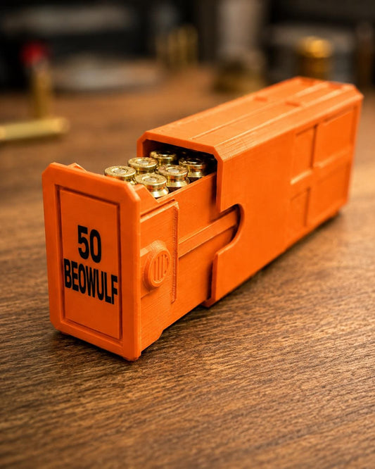 50 Beowulf Ammo Box – 20 Round Capacity – Stackable Sliding Ammunition Storage Case