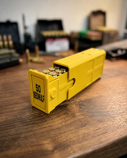 50 Beowulf Ammo Box – 20 Round Capacity – Stackable Sliding Ammunition Storage Case