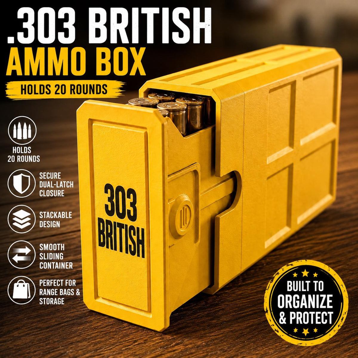 303 British Ammo Box | 20-Round Ammunition Storage Case | Stackable Sliding Cartridge Organizer