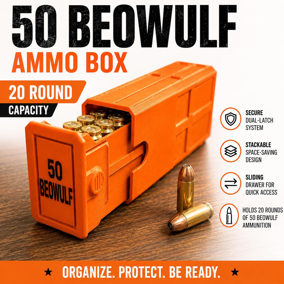 50 Beowulf Ammo Box – 20 Round Capacity – Stackable Sliding Ammunition Storage Case