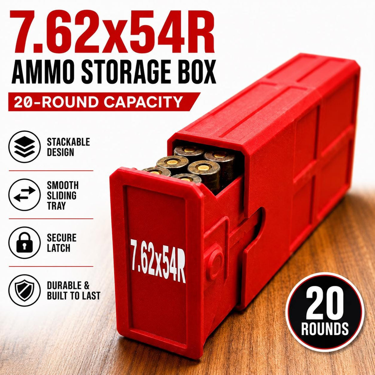 7.62x54R Ammo Storage Box – 20-Round Stackable Sliding Case