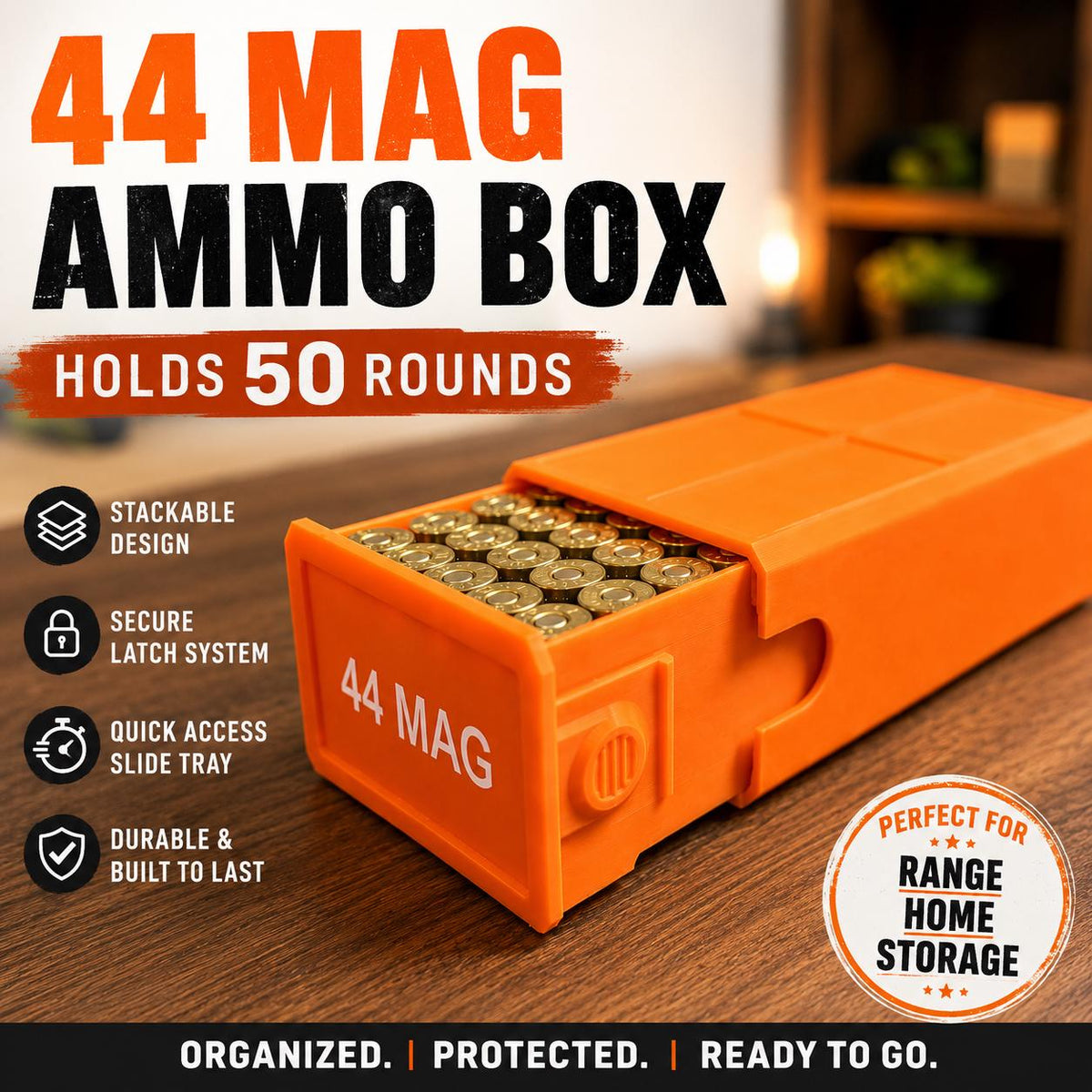 44 Magnum Ammo Storage Box – 50 Rounds, Stackable w/ Secure Dual Latch. Custom Colors