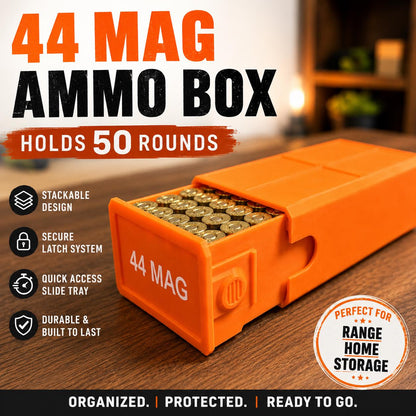 44 Magnum Ammo Storage Box – 50 Rounds, Stackable w/ Secure Dual Latch. Custom Colors