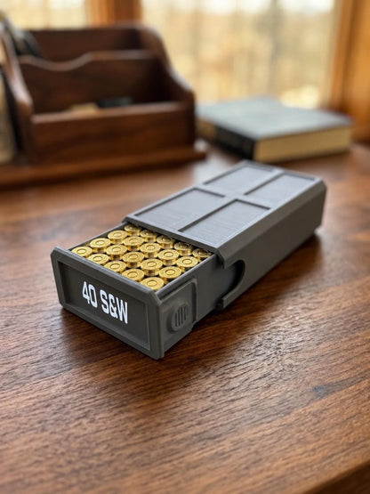 40 S&W Ammo Box – 50 Round Stackable Storage Case, Sliding Drawer Organizer