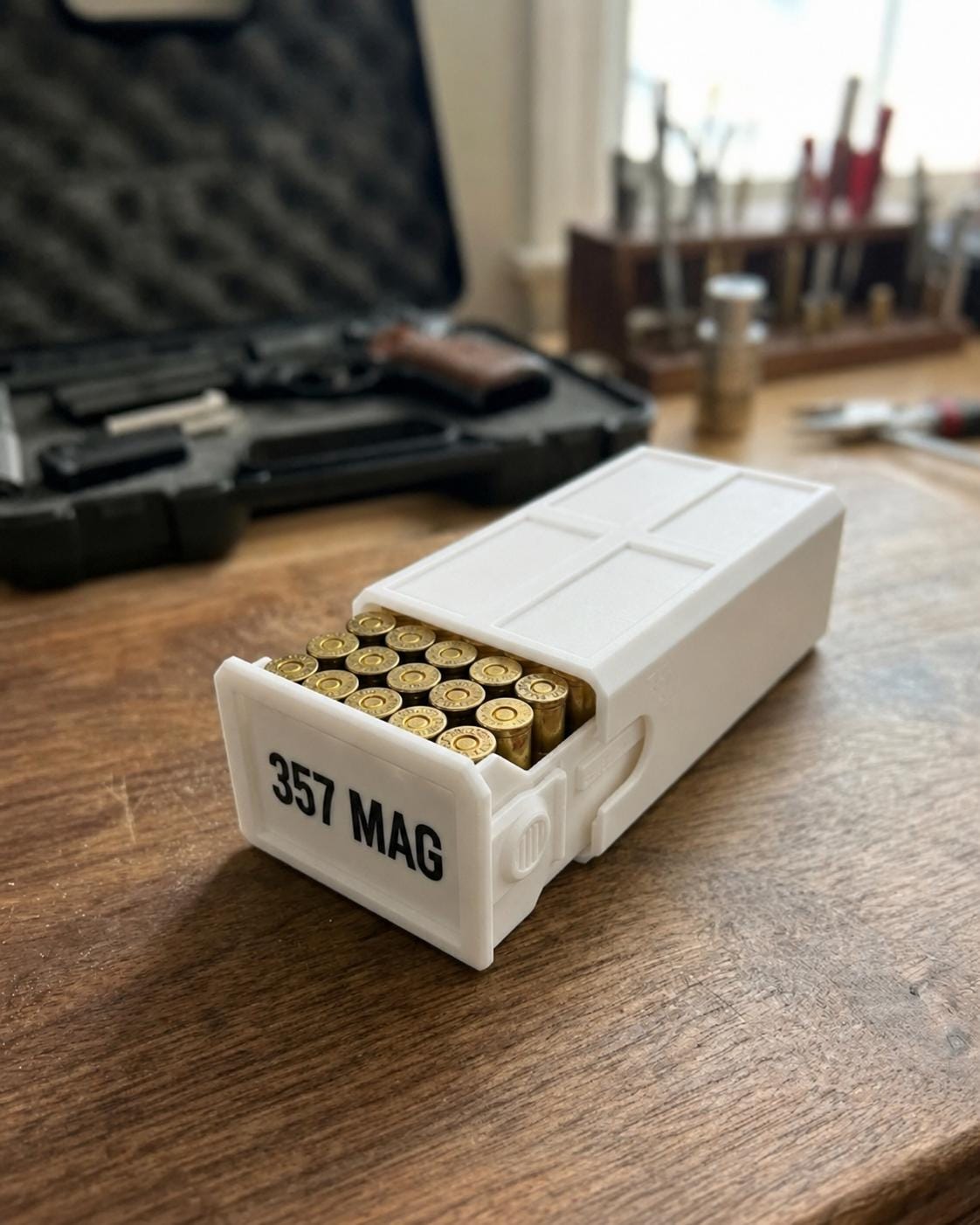 357 Magnum Ammo Box – 20 Round Stackable Storage Case, Sliding Drawer Organizer