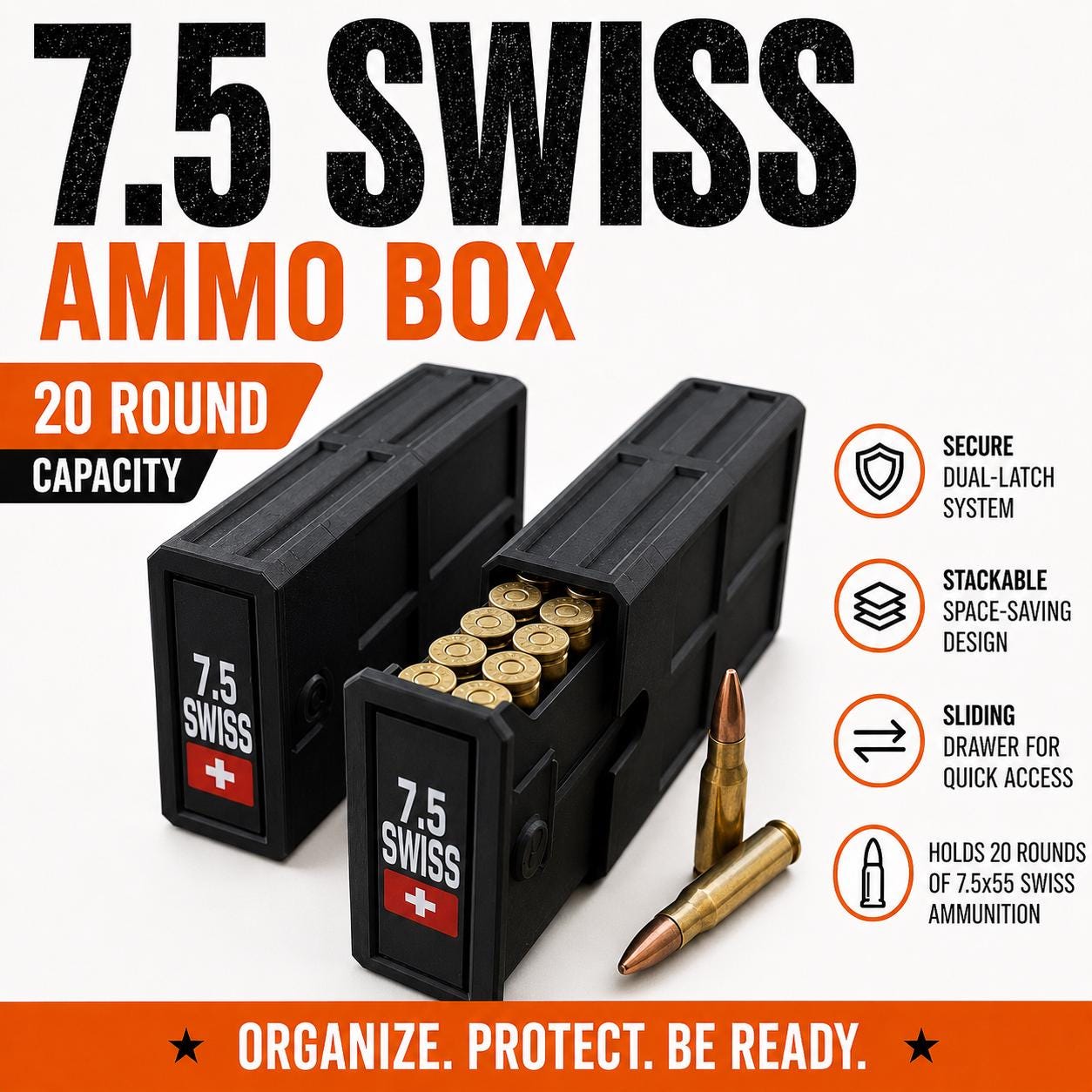 7.5x55 Swiss Ammo Box – 20 Round Capacity – Stackable Sliding Ammunition Storage Case