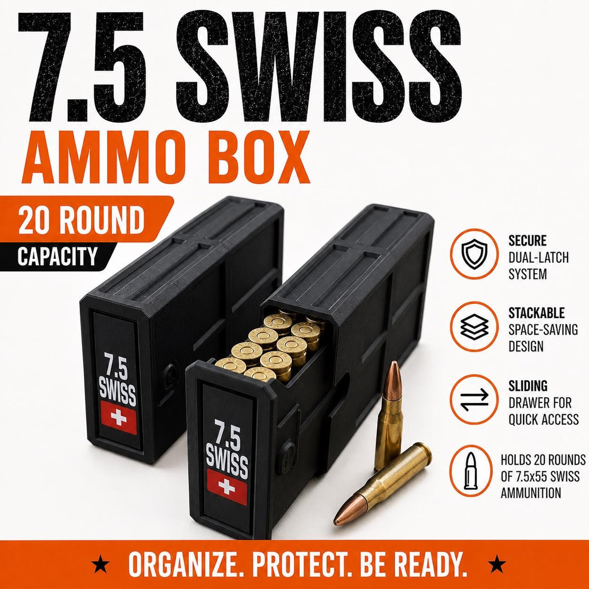7.5x55 Swiss Ammo Box – 20 Round Capacity – Stackable Sliding Ammunition Storage Case