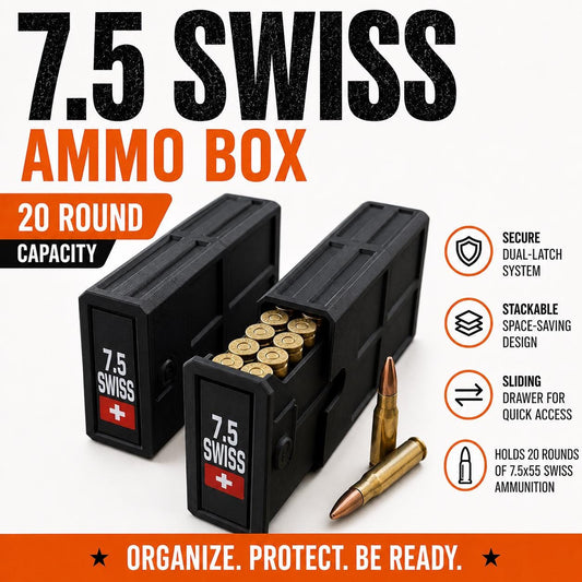 7.5x55 Swiss Ammo Box – 20 Round Capacity – Stackable Sliding Ammunition Storage Case