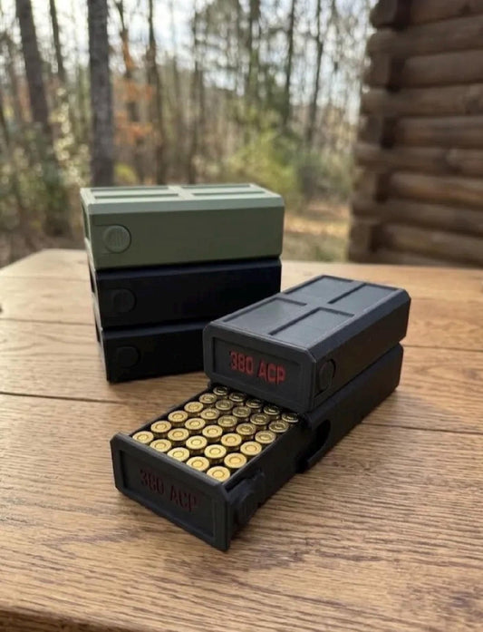 380 ACP Ammo Storage Box – 50 Round Stackable Case with Sliding Tray