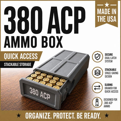 380 ACP Ammo Storage Box – 50 Round Stackable Case with Sliding Tray
