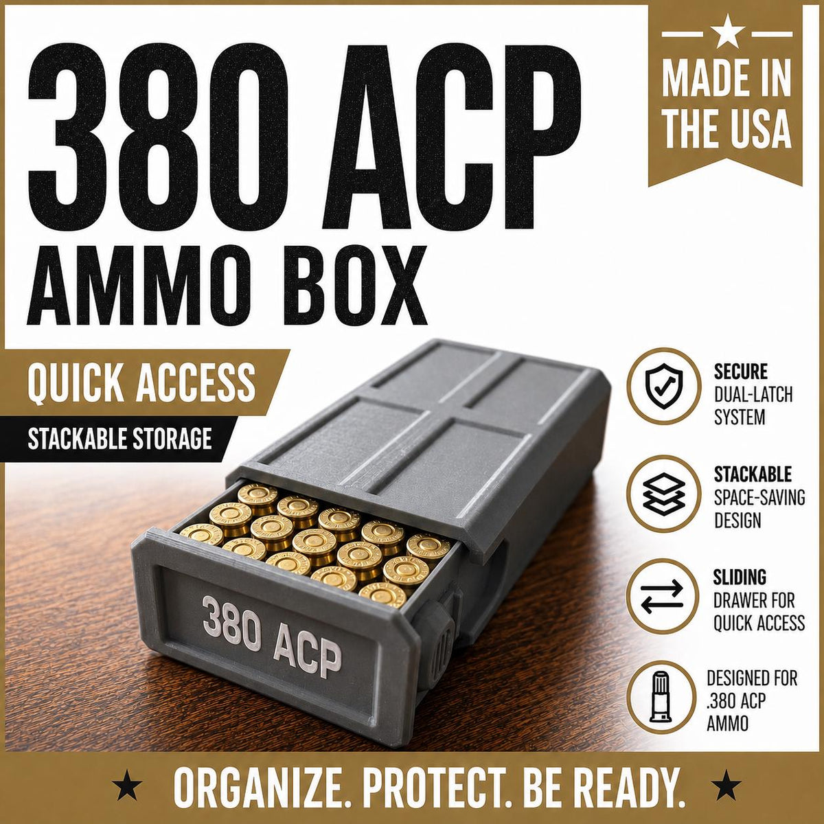 380 ACP Ammo Storage Box – 50 Round Stackable Case with Sliding Tray