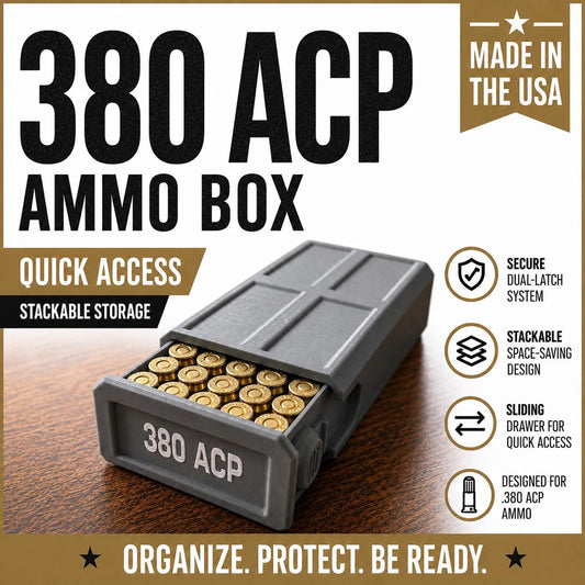 380 ACP Ammo Storage Box – 50 Round Stackable Case with Sliding Tray