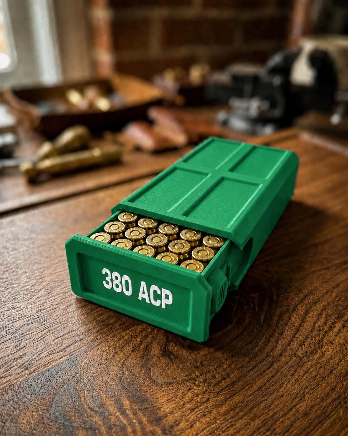 380 ACP Ammo Storage Box – 50 Round Stackable Case with Sliding Tray