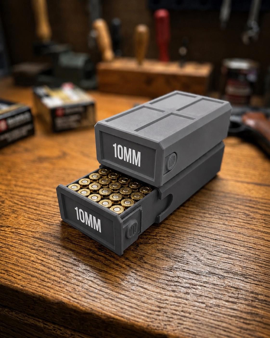 10MM Ammo Storage Box – 50 Round Stackable Case, Secure Latches, Personalized Colors