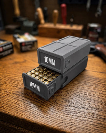 10MM Ammo Storage Box – 50 Round Stackable Case, Secure Latches, Personalized Colors