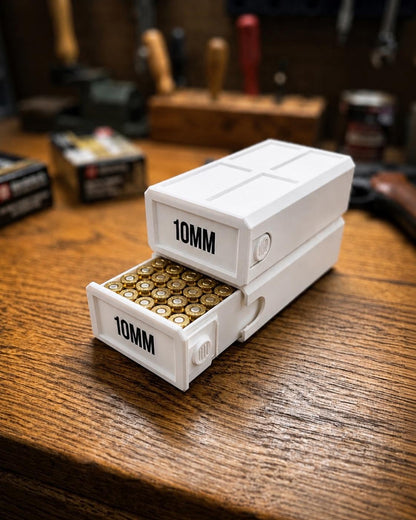 10MM Ammo Storage Box – 50 Round Stackable Case, Secure Latches, Personalized Colors