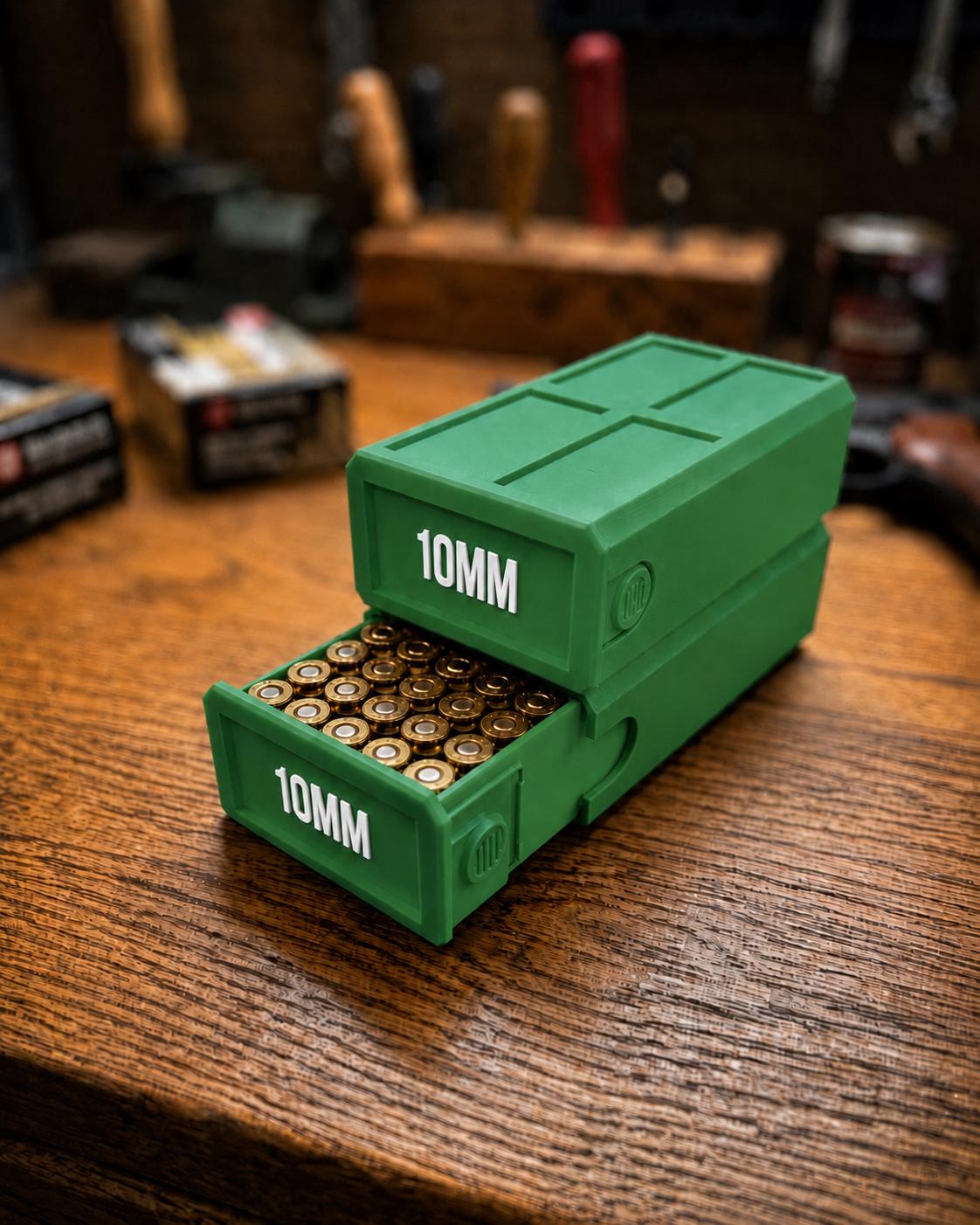 10MM Ammo Storage Box – 50 Round Stackable Case, Secure Latches, Personalized Colors
