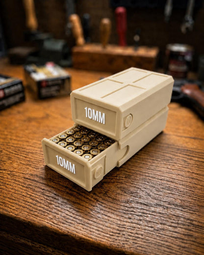 10MM Ammo Storage Box – 50 Round Stackable Case, Secure Latches, Personalized Colors