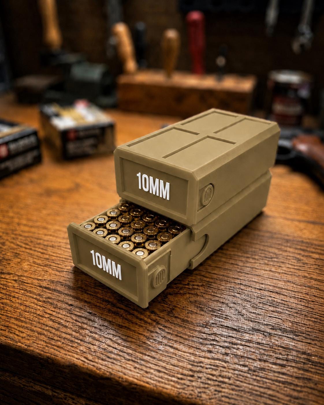 10MM Ammo Storage Box – 50 Round Stackable Case, Secure Latches, Personalized Colors