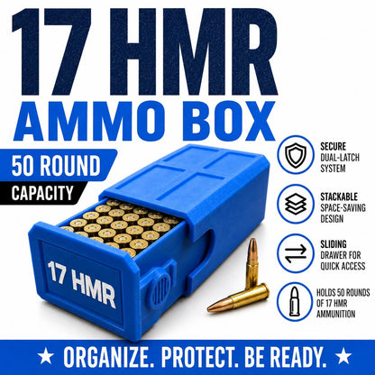 17 HMR Ammo Box – 50 Round Stackable Storage Case with Sliding Drawer
