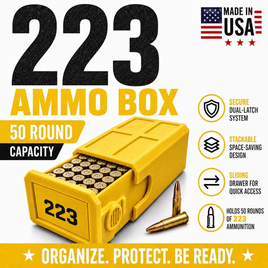 223 Ammo Box – 50 Round Stackable Ammunition Storage Case – Sliding Drawer with Dual Latches