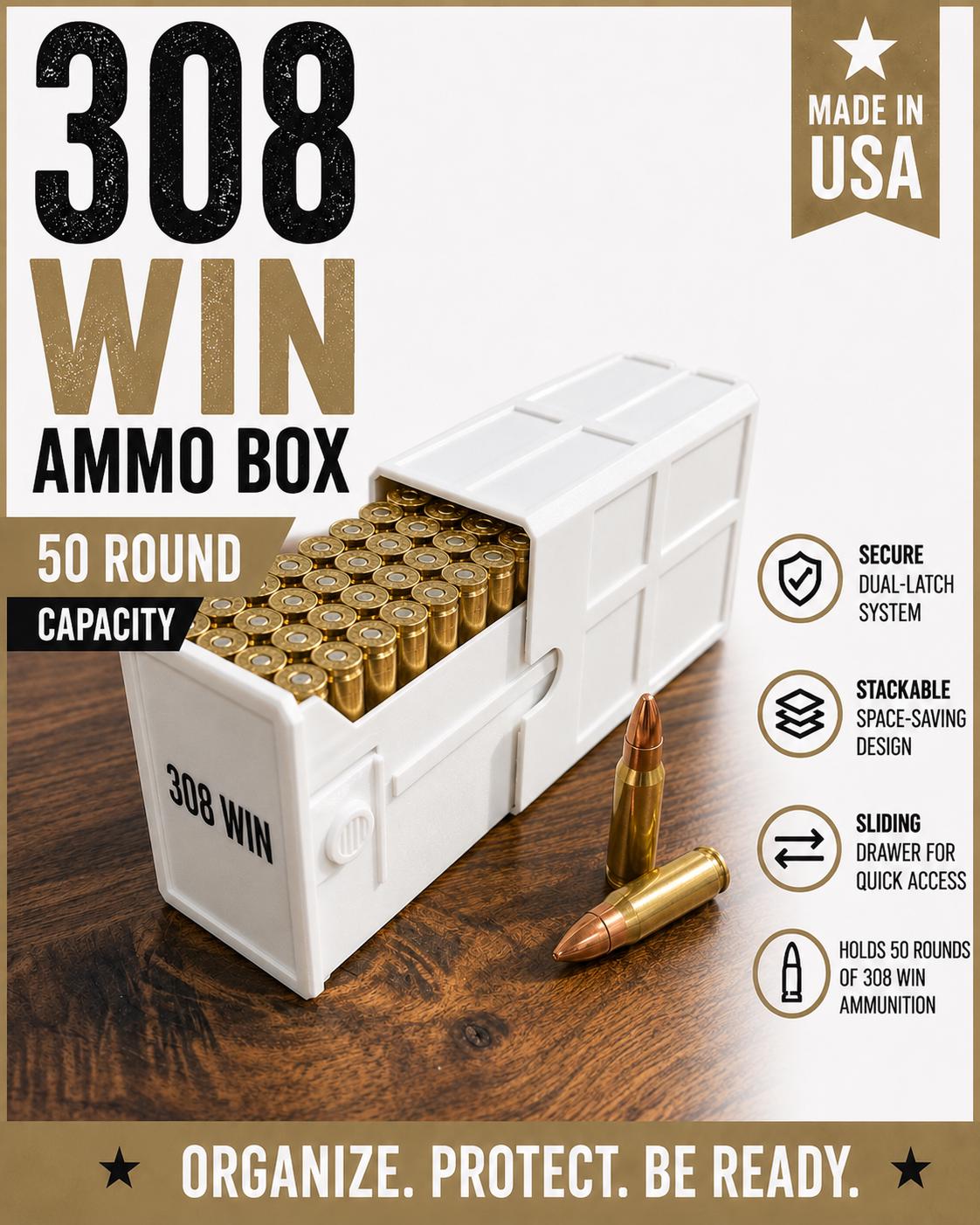 308 Winchester Magnum Ammo Box | 50 Round Stackable Storage Case | Dual-Latch