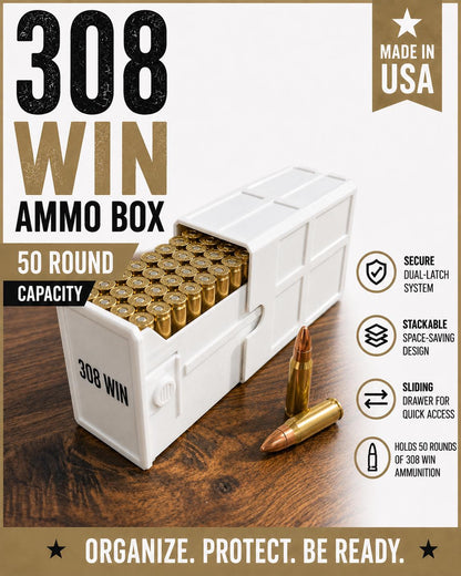 308 Winchester Magnum Ammo Box | 50 Round Stackable Storage Case | Dual-Latch