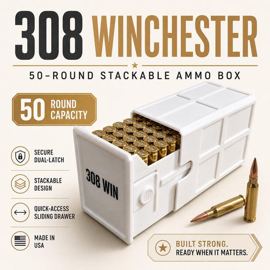 308 Winchester Magnum Ammo Box | 50 Round Stackable Storage Case | Dual-Latch Ammo Holder