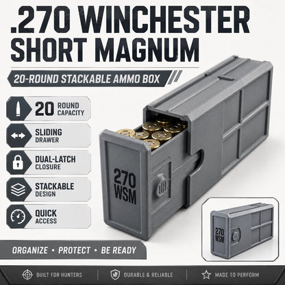 270 WSM Ammo Box – 20 Round Stackable Storage Case, Sliding Drawer, Dual Latches