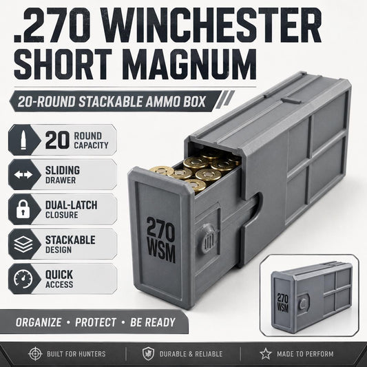 270 WSM Ammo Box – 20 Round Stackable Storage Case, Sliding Drawer, Dual Latches