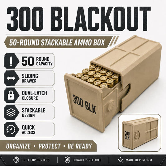 300 Blackout Ammo Box, 50-Round Stackable Ammunition Storage Case. Custom Colors