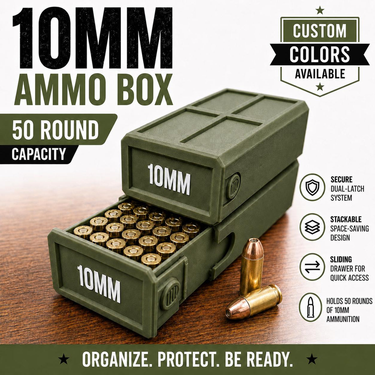10MM Ammo Storage Box – 50 Round Stackable Case, Secure Latches, Personalized Colors