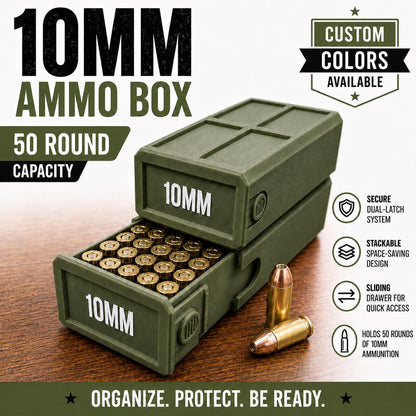 10MM Ammo Storage Box – 50 Round Stackable Case, Secure Latches, Personalized Colors