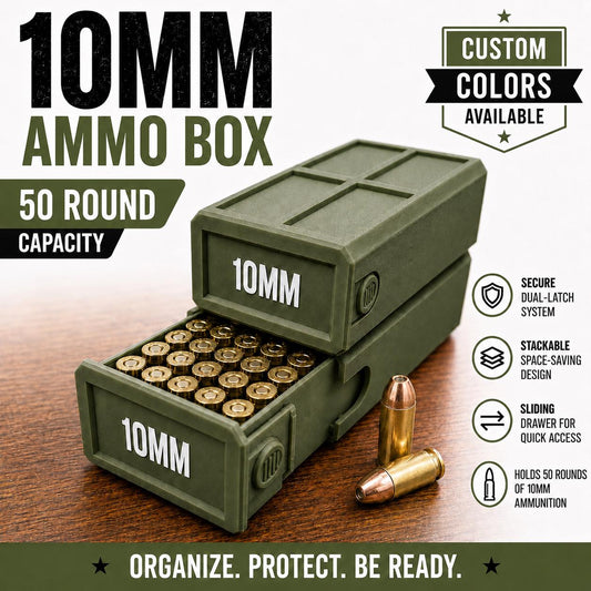10MM Ammo Storage Box – 50 Round Stackable Case, Secure Latches, Personalized Colors