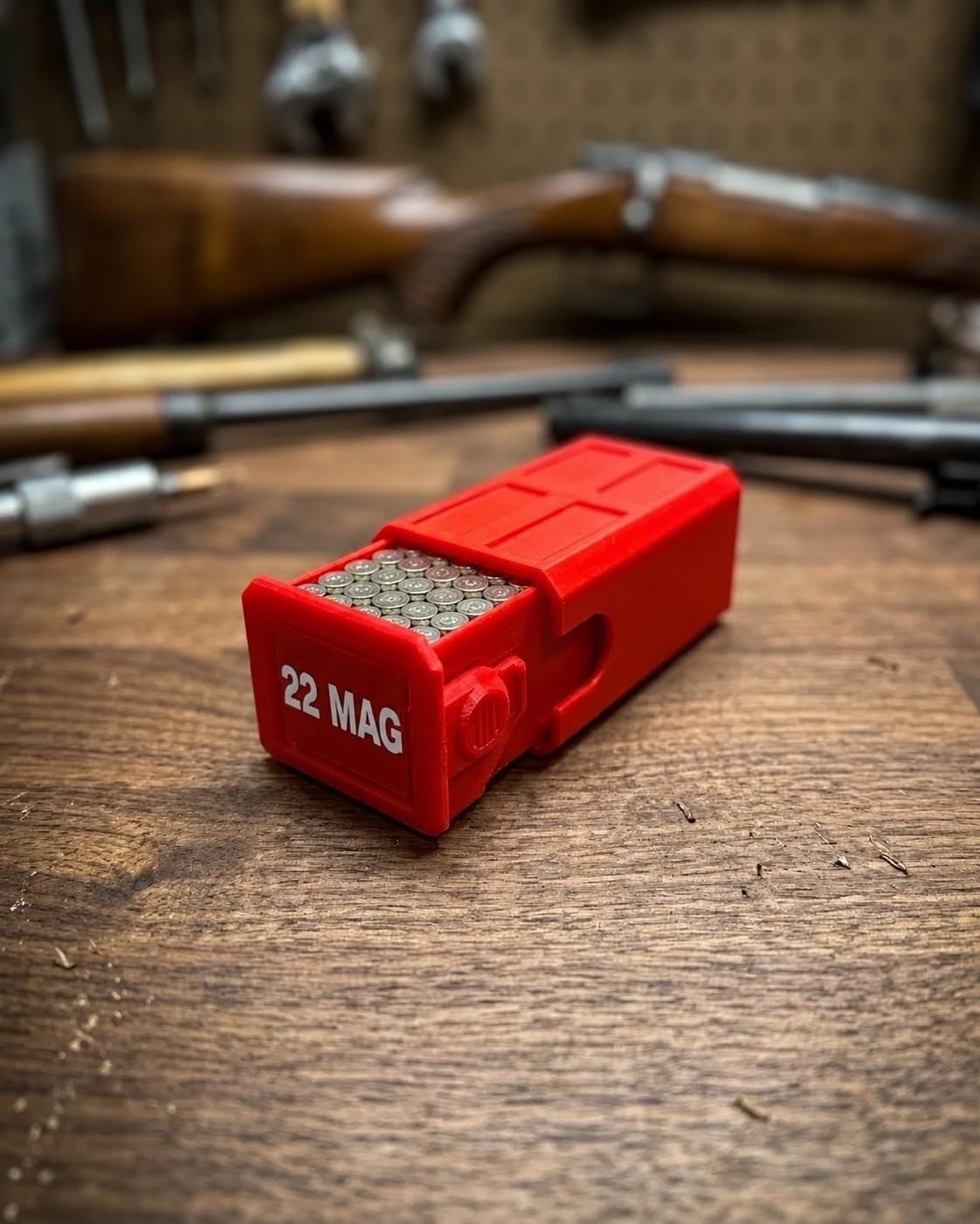 22 Magnum Ammo Box – 50 Round Stackable Storage Case with Sliding Drawer, Dual Latches.