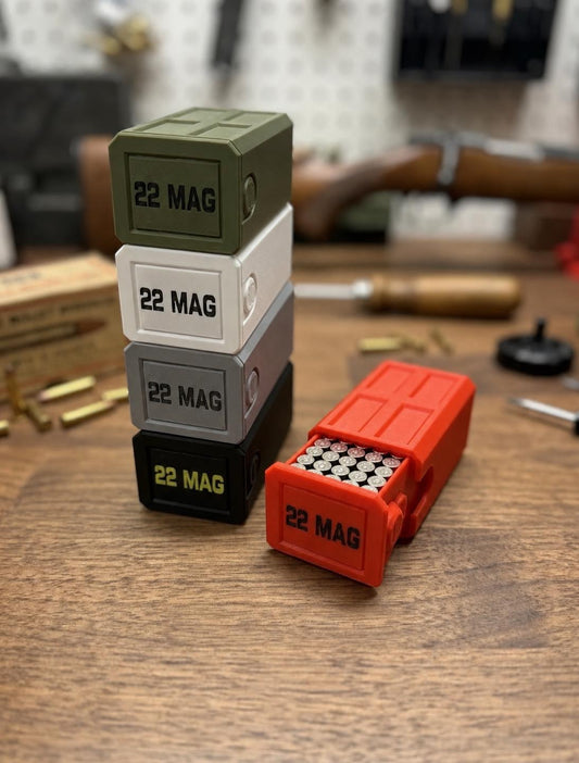 22 Magnum Ammo Box – 50 Round Stackable Storage Case with Sliding Drawer, Dual Latches.