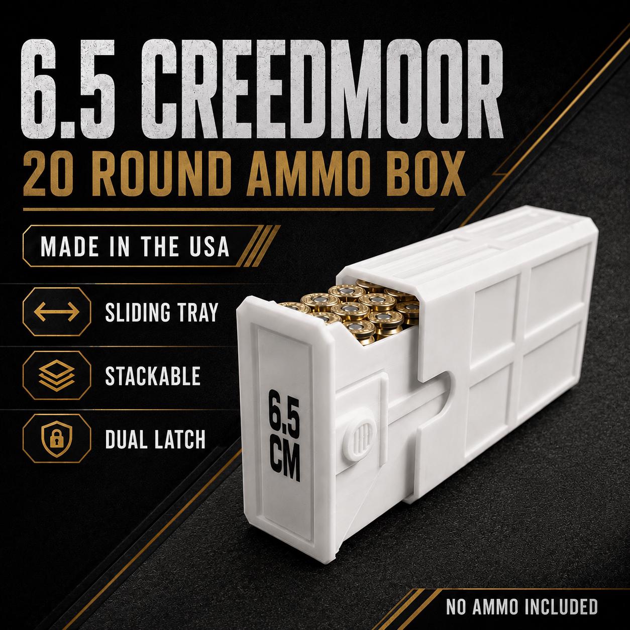 6.5 Creedmoor Ammo Box, 20 Round 6.5 CM Ammunition Storage Case, Custom, Sliding Tray Stackable Range Box