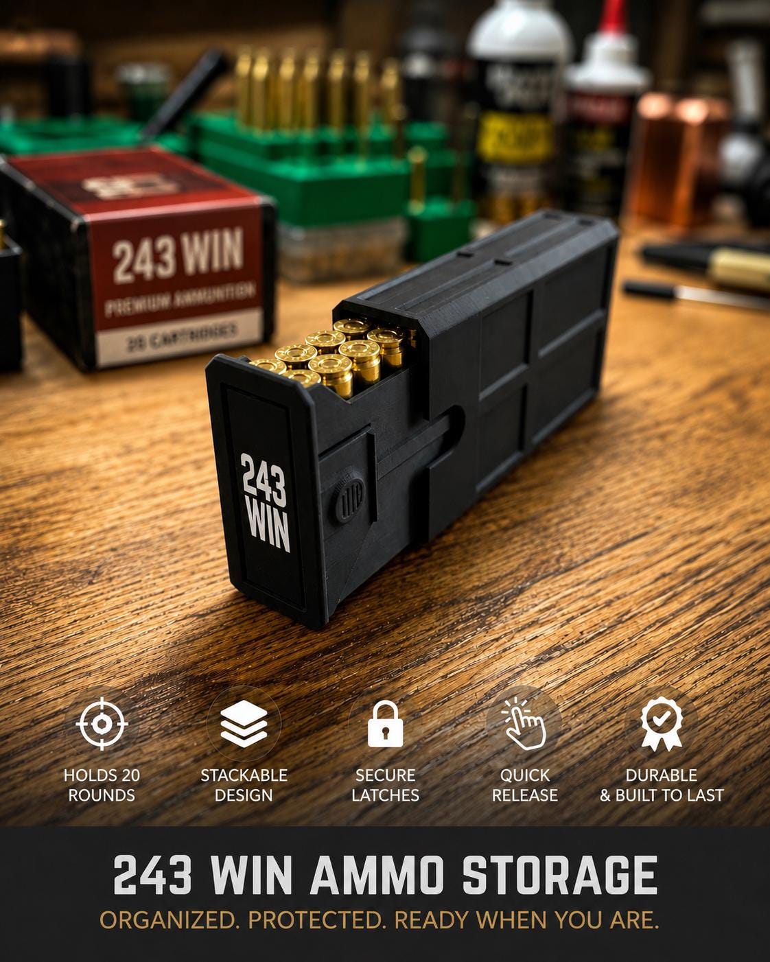 243 Winchester Ammo Box – 20-Round Stackable Sliding Ammunition Storage Case, 3D-Printed Range & Hunting Organizer