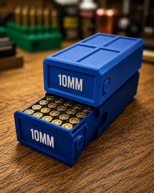 10MM Ammo Storage Box – 50 Round Stackable Case, Secure Latches, Personalized Colors