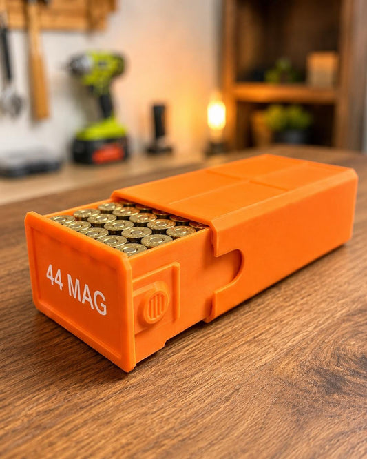 44 Magnum Ammo Storage Box – 50 Rounds, Stackable w/ Secure Dual Latch. Custom Colors