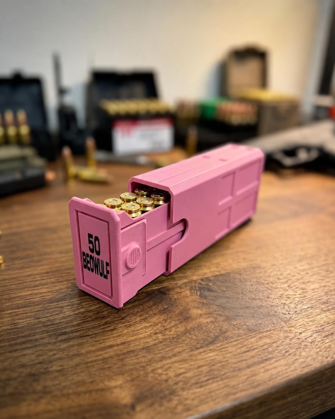 50 Beowulf Ammo Box – 20 Round Capacity – Stackable Sliding Ammunition Storage Case