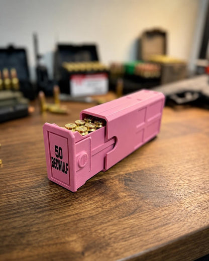 50 Beowulf Ammo Box – 20 Round Capacity – Stackable Sliding Ammunition Storage Case