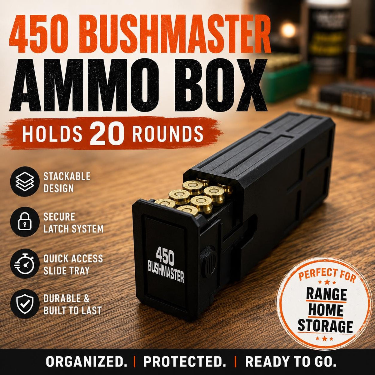 450 Bushmaster 20 Round Ammo Storage Box – Stackable Hunting Range Gear Organizer