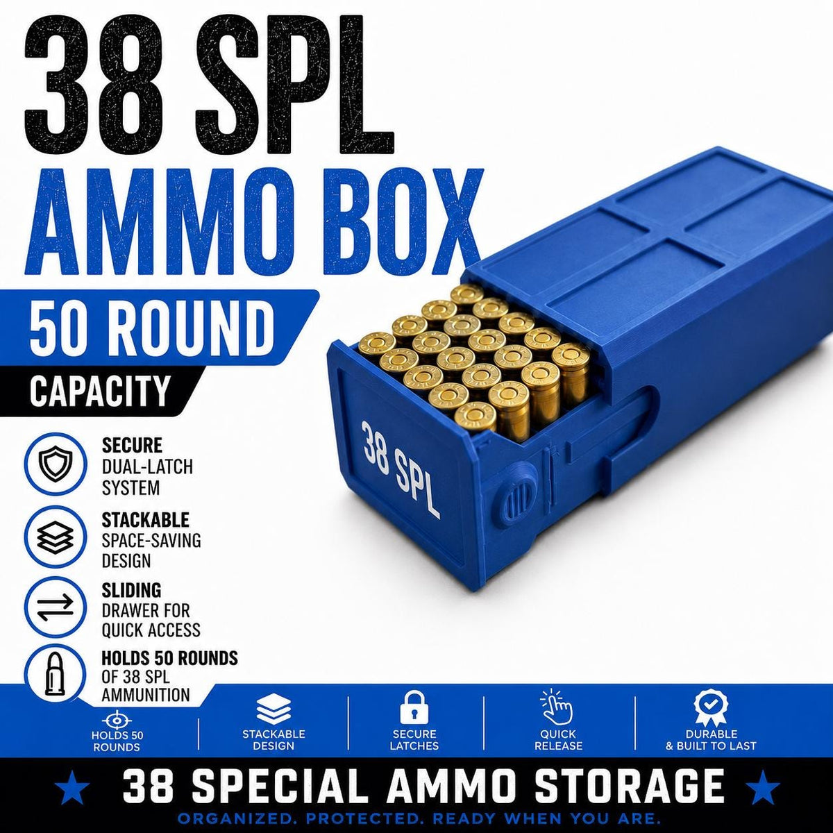 38 Special Ammo Case – 50 Round Stackable Storage Box, Dual-Latch System